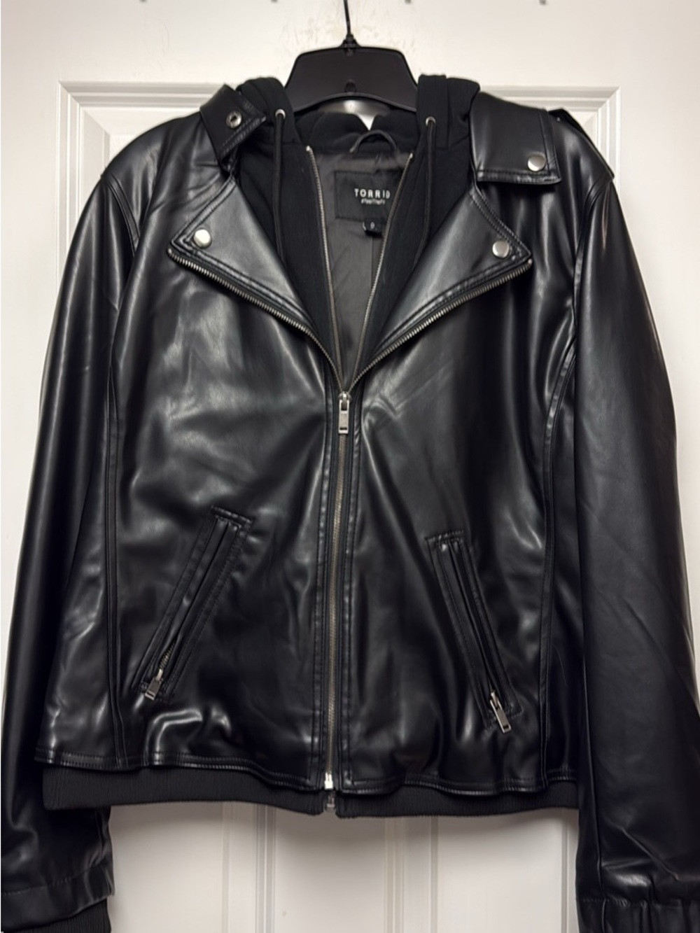 torrid Black Faux Leather Hooded Bomber Jacket